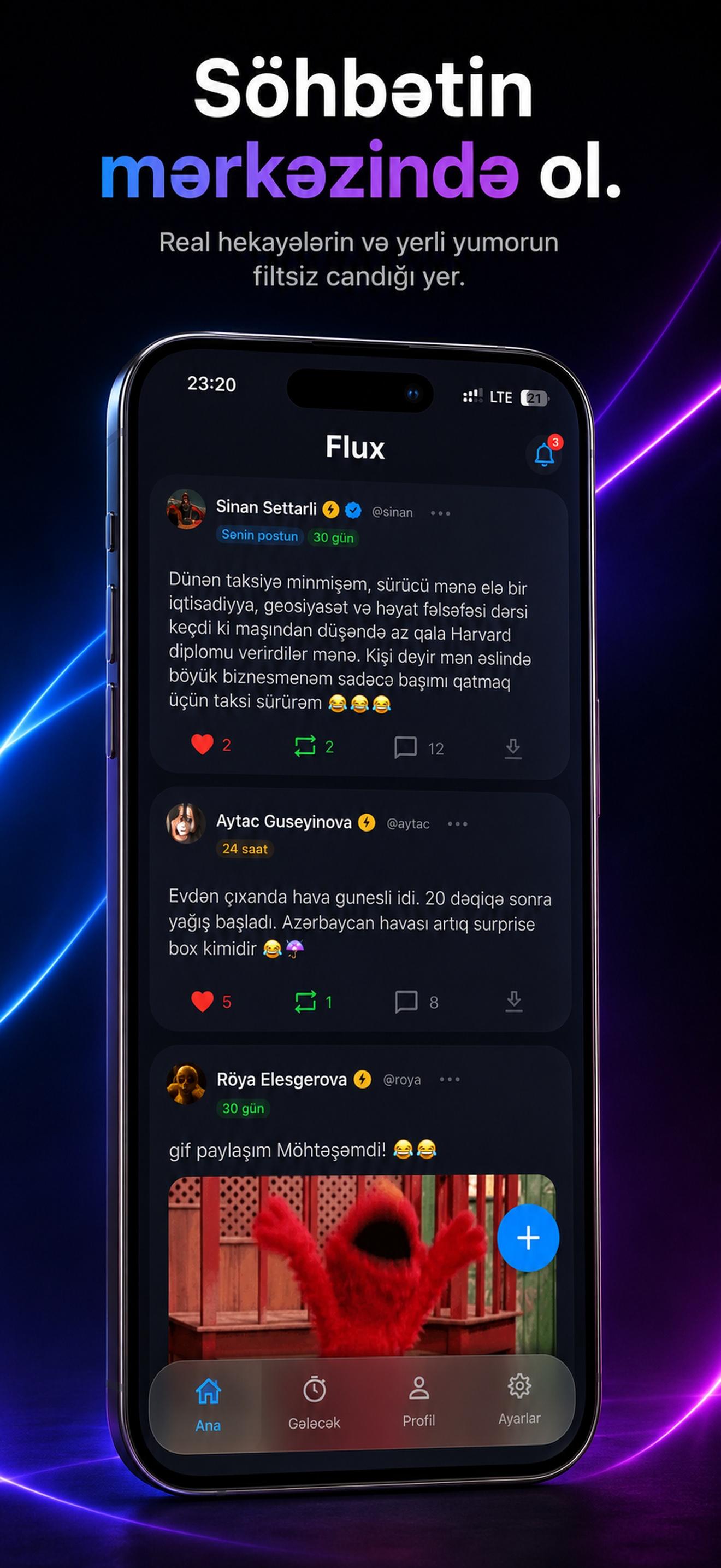 Flux tətbiq interfeysi mockup — mavi-bənövşəyi işıqda sosial şəbəkə