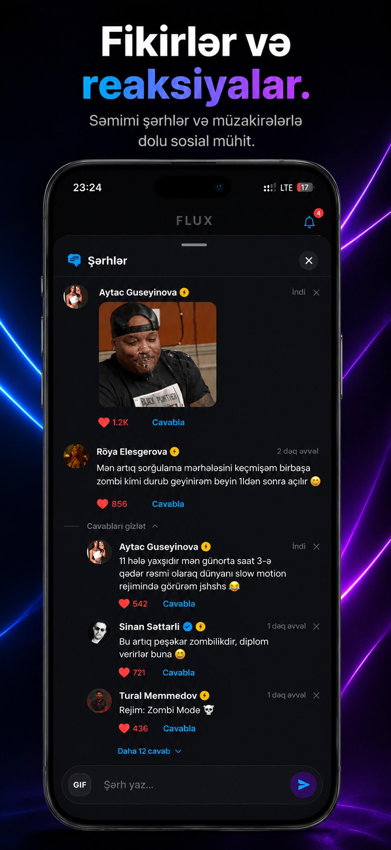 Flux tətbiq interfeysi mockup — profil və mesajlar